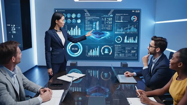 Business team gathered in modern boardroom presenting digital data analytics on large screen