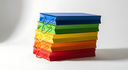A stack of colorful shopping bags arranged in a rainbow pattern on a white background surface