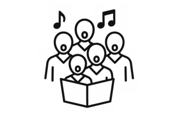 Five singers forming a choir, singing from a songbook with musical notes floating above, transparent background