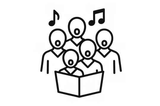 Five singers forming a choir, singing from a songbook with musical notes floating above, transparent background