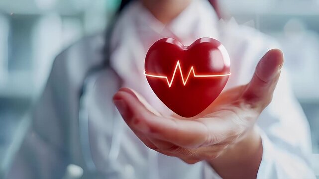 A person in a white lab coat holds a red heart with a heartbeat line. The background is blurred, emphasizing the subject. The style is modern and clinical.
