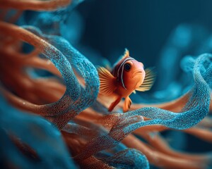 Clownfish Navigating Through Vivid Blue and Orange Coral Reefs in a Tranquil Underwater Marine Environment with Depth and Texture