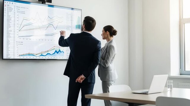 Business professionals analyzing dynamic market trends on interactive display in modern office, discussing strategy and growth, collaborative teamwork - Powered by Adobe
