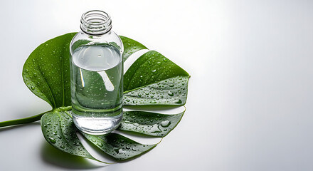 Clear bottle filled with liquid sitting on a monstera leaf covered in water droplets on white surface