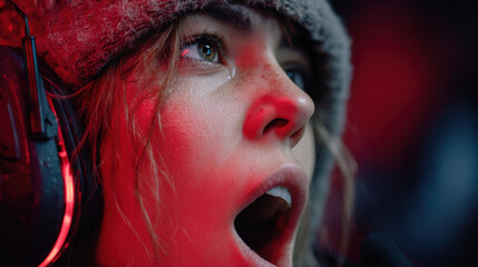 Excitement of young female gamer in professional tournament setting with headset