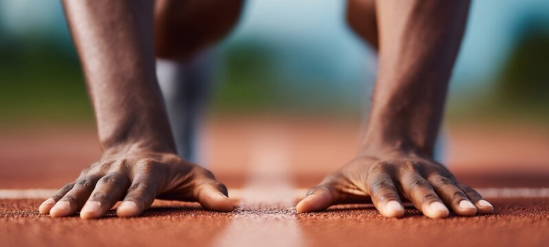 Athlete at starting line placing hands on track and feet on starting blocks, leaning forward in sprint start position like a cheetah, focus, strength, and speed before the race, sports concept - Powered by Adobe