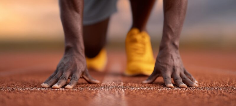 Athlete at starting line placing hands on track and feet on starting blocks, leaning forward in sprint start position like a cheetah, focus, strength, and speed before the race, sports concept