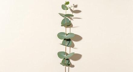 A single strand of eucalyptus leaves with a shadow against a light beige colored background wall space