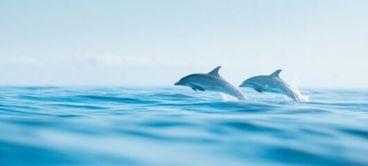 Obraz premium Playful dolphins jumping out of the ocean water under bright sunlight, dynamic marine wildlife scene with splashes, freedom and nature concept in vivid blue seascape