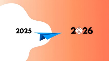 Paper airplane flies from 2025 to target 2026 future