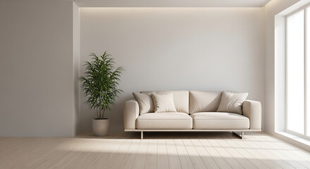 Minimalist interior with a cream sofa plant and a large window letting in natural light fills the room