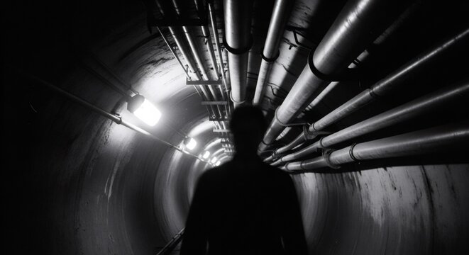 Dark unrecognizable silhouette of a person in a concrete tunnel with pipelines and lights. Urban exploration, industrial or sci-fi concept.