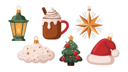 Festive Cheer Decorations: A collection of delightful Christmas ornaments, capturing the essence of the festive season with a cozy beverage, a lantern and more..