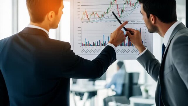 Dynamic stock market analysis with professionals discussing growth charts and business strategy in a bright modern office, presenting financial data - Powered by Adobe