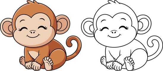 Cartoon baby monkey illustration sitting with curled tail, cute animal drawing, children coloring page outline, jungle vector artwork, educational kids activity design asset