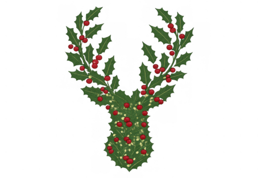 Reindeer head and antlers made from holly leaves and red berries creating a christmas and holiday festive decoration