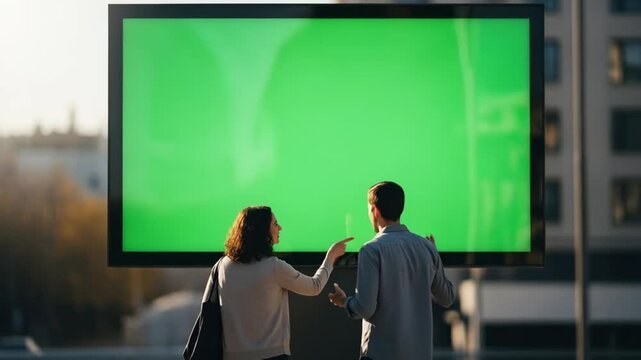Couple interacting with outdoor green screen display in city, perfect for marketing campaigns and tech demos, offering endless possibilities