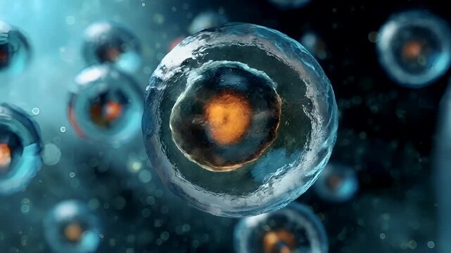 A closeup of a microscopic view of a cell with a central nucleus surrounded by water droplets, set against a backdrop of a starry night sky. The cells surface is transparent.