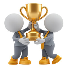 Two figures holding golden trophy isolated on a transparent background