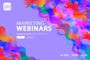 A website landing page template for marketing webinars, featuring vibrant abstract fluid shapes. This UI design concept is for online events, registration, or business conferences.