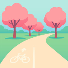Minimal vector illustration of a spring bike path surrounded by pink blossom trees and soft pastel scenery. Perfect for eco design, travel posters, lifestyle blogs, and outdoor concepts