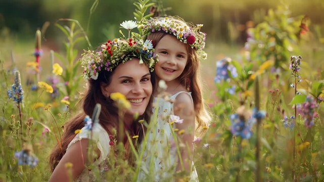 A family portrait set against a vibrant meadow backdrop. The main subjects are a woman and a young girl, both adorned with floral crowns. The womans face is the focal point.