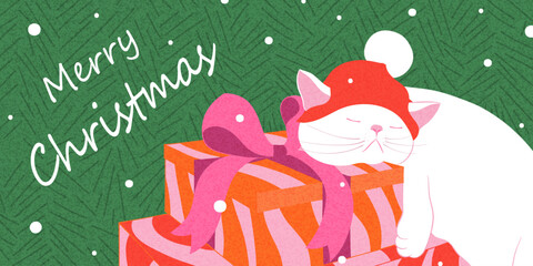 Christmas greeting banner, horizontal poster. Cute cat in Santa hat with gifts. Hand drawn illustration for postcard, cover. 