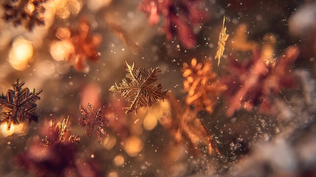 Abstract glowing snowflakes falling in bokeh background 