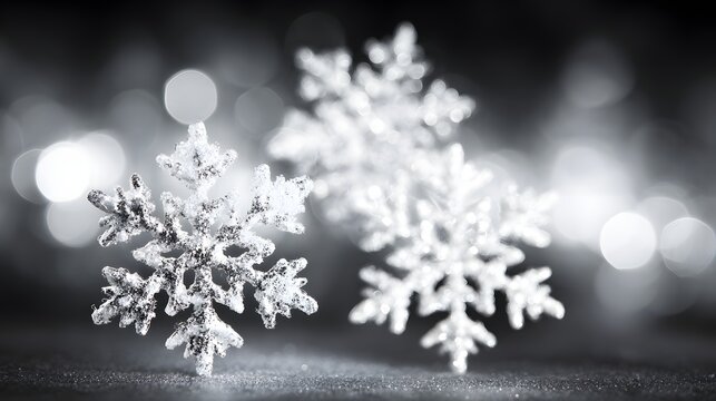 Abstract glowing snowflakes falling in bokeh background 