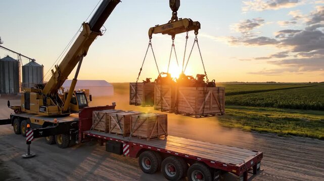 Heavy machinery components being loaded onto a flatbed truck by a crane at sunset near farmland structures