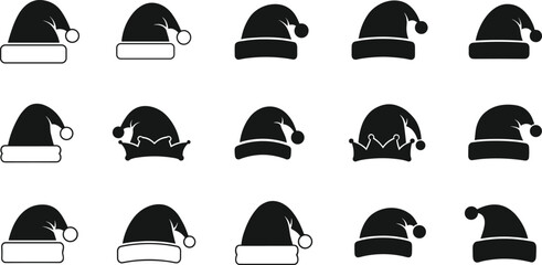 Christmas Santa hats collection, festive holiday headwear icons, winter pompom hat variations, decorative seasonal costume design, holiday celebration graphic illustration