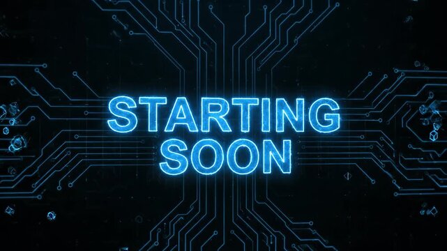 Starting soon text animation with futuristic glow effect. Digital graphic for live stream overlay, broadcast, gaming video.