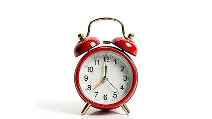 Bright Studio Shot of a Red Retro Alarm Clock on White Background. Generative AI.