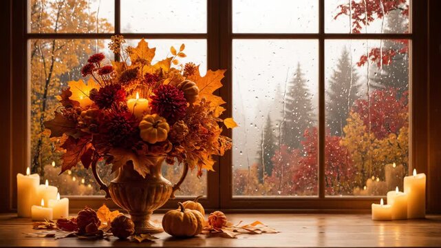 Autumn window view with rain, orange leaves, pumpkins, and candles. Thanksgiving virtual background loop footage.