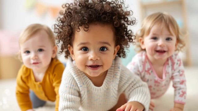close-up of three toddlers crawling forward and smiling indoors