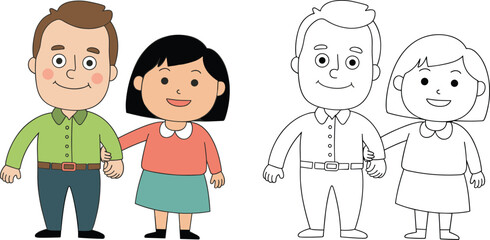 Cartoon man and woman couple illustration holding hands, character drawing, children coloring page outline, people vector artwork, educational kids activity design asset