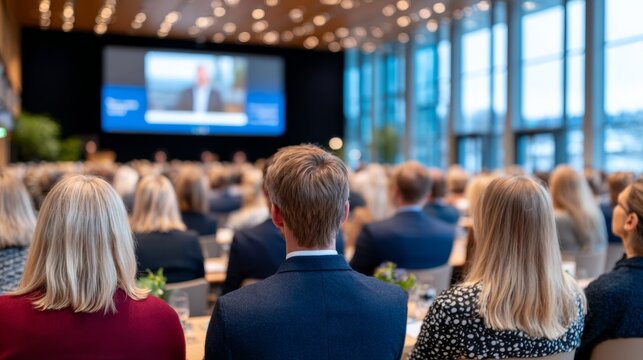 Group of business professionals attending corporate conference in modern hall, learning and networking event