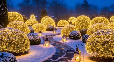 Snowy garden path lined with lightcovered bushes lanterns at dusk