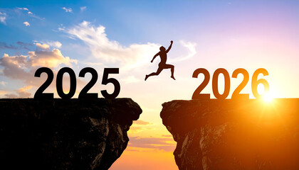 Man jumping from 2025 to 2026 cliff edge at sunset new year concept