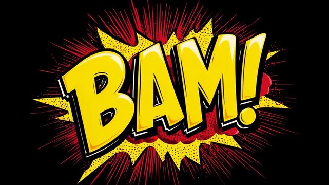 Bold yellow comic text BAM! with explosive red and black pop art background