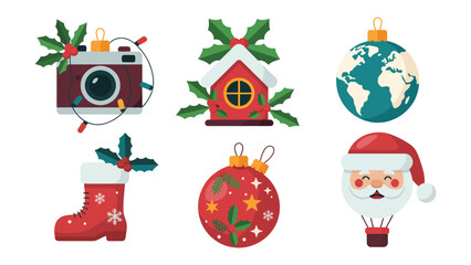 Festive Christmas Ornaments: A collection of charming ornaments, each a symbol of the holiday spirit. Includes camera, birdhouse, globe, stocking, bauble, and Santa.