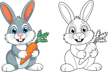 Cartoon rabbit illustration holding carrot, cute bunny drawing, children coloring page outline, animal vector artwork, educational kids activity design asset