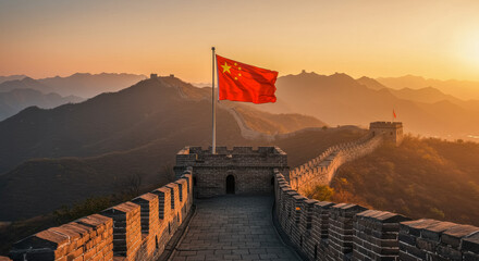 Chinese Flag Along Great Wall at Sunset