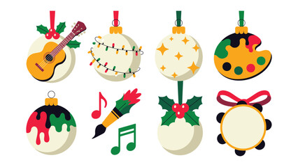 Fototapeta premium Festive Artful Christmas Ornaments: A collection of charming Christmas ornaments adorned with artistic themes, including a guitar, colorful lights, painter's palette, musical notes, paintbrush.