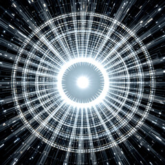 Abstract futuristic design with bright white circular light rays forming a digital tunnel effect, symbolizing technology, energy flow, data transmission, and innovation.