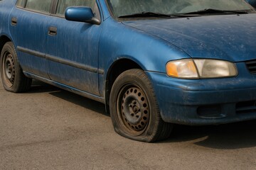 Blue sedan with a flat tire on asphalt road showing signs of wear and dirt, road hazard, auto repair