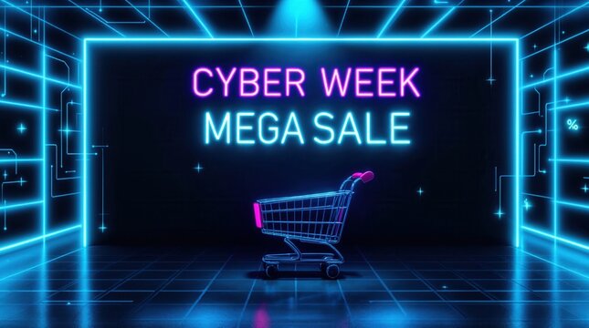 Cyber week mega sale neon sign with a shopping cart. Futuristic e-commerce promotion on a digital grid background. Online retail discount concept - Powered by Adobe