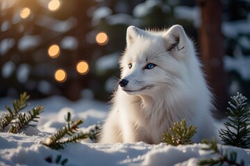 Naklejka premium An adorable arctic fox with striking blue eyes sits in the snow, surrounded by festive bokeh lights