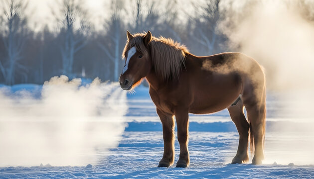 brown horse standing in snowy winter field
