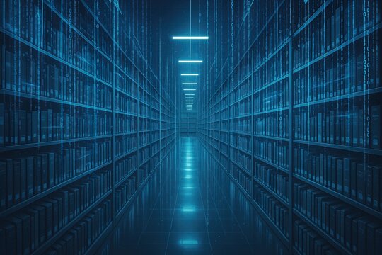 Data archive server room with binary code streams and server racks